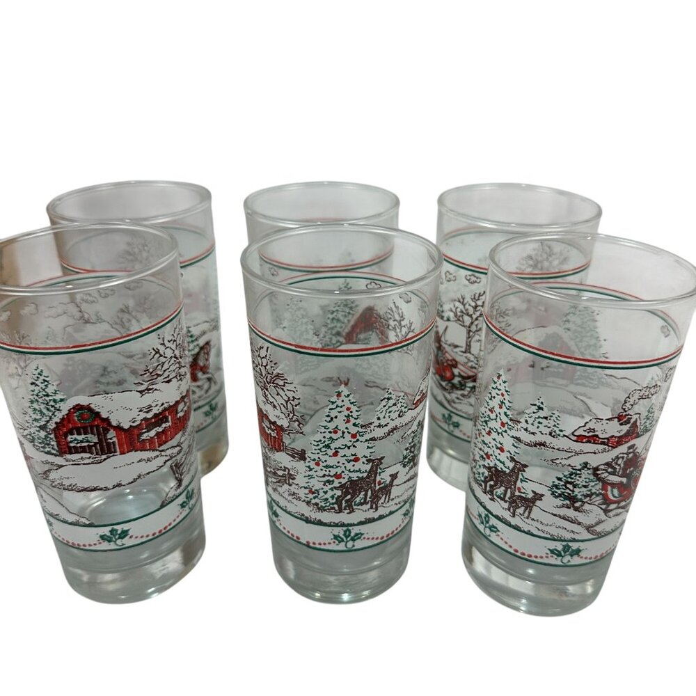 Set Of 6 Vintage Home Interiors Holiday Tumblers 12oz Winter Scene Printed Glass